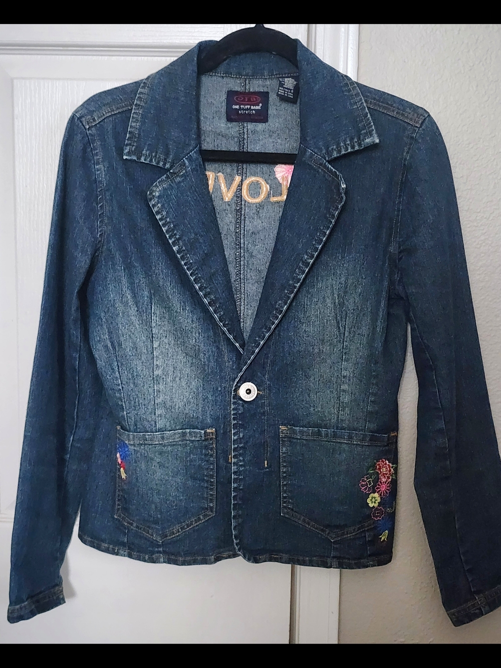 OTB One Tuff Babe Embroidered Stretch Denim Jacket LOVE Back